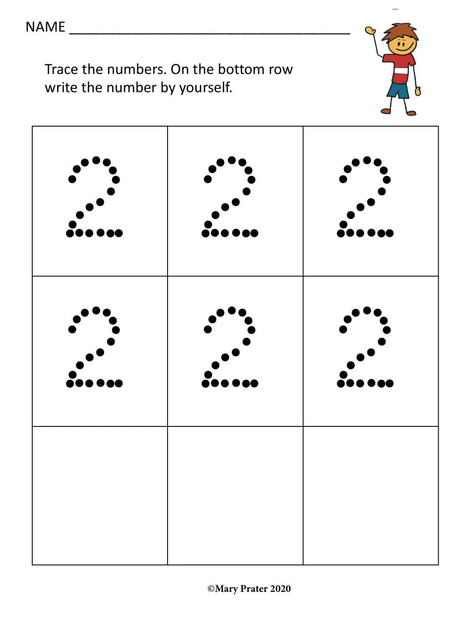 Number 2 handwriting practice: students trace six dotted 2s, then write the number 2 by themselves in the bottom row