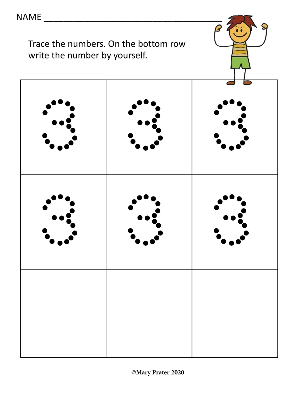 Number 3 handwriting practice: students trace six dotted 3s, then write the number 3 independently in the bottom row