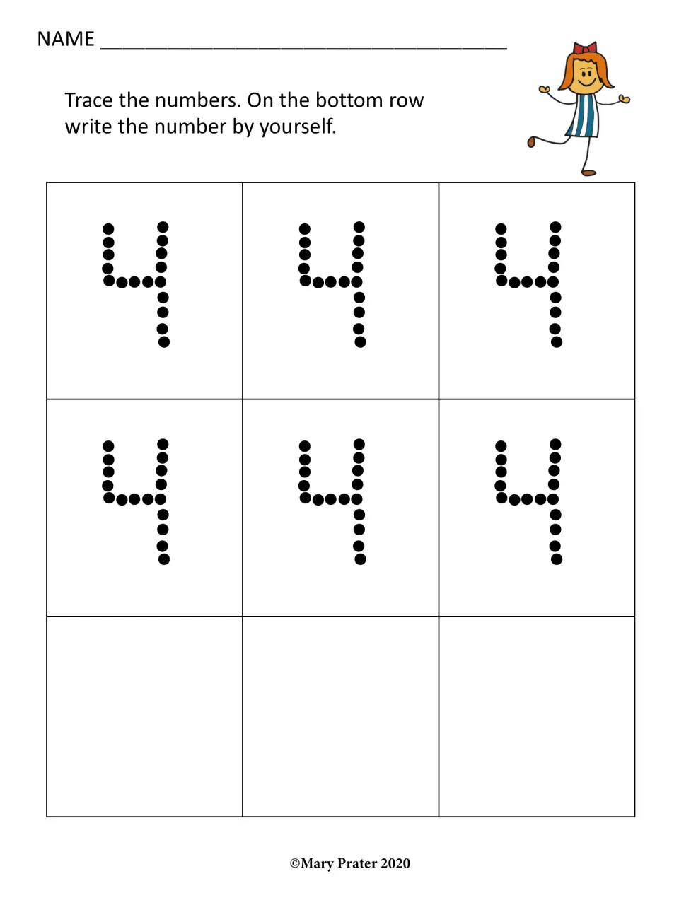 Number 4 handwriting practice: students trace six dotted 4s, then write the number 4 without help in the bottom row