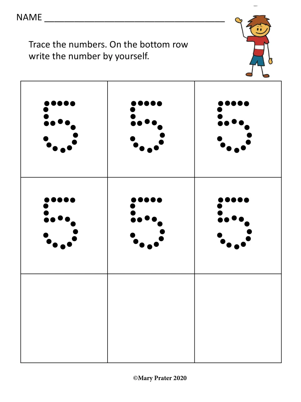 Number 5 handwriting practice: students trace six dotted 5s, then write the number 5 on their own in the last row
