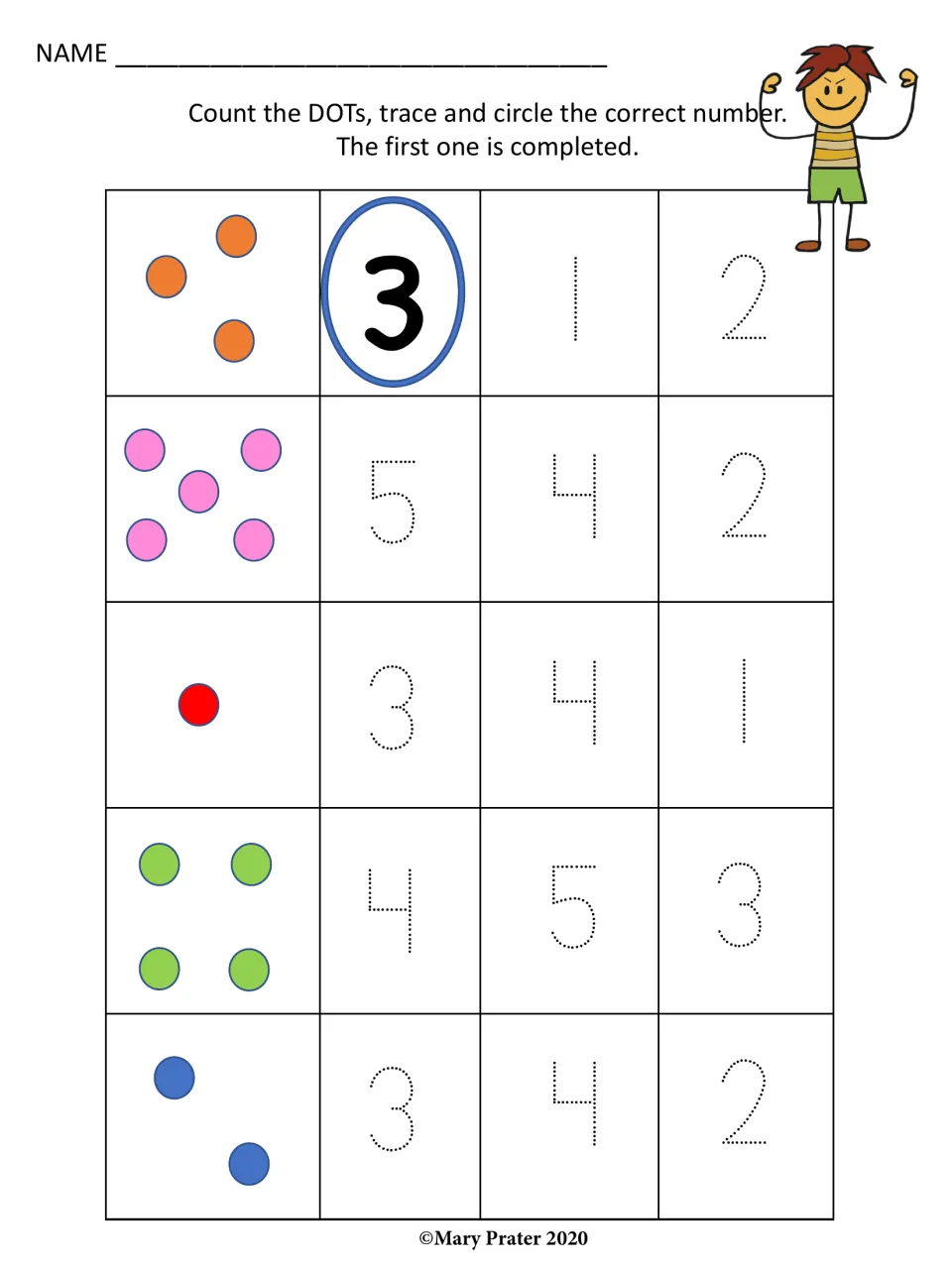Counting dots 1-5: students count each set of colored dots, then trace and circle the matching number from three choices