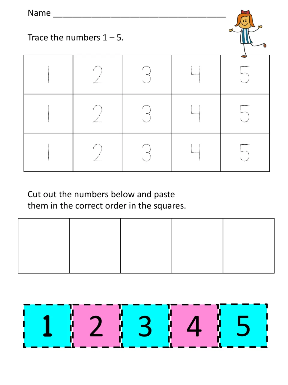 Number order 1-5: students trace 1 to 5 three times, then cut out colored number tiles and paste them in order