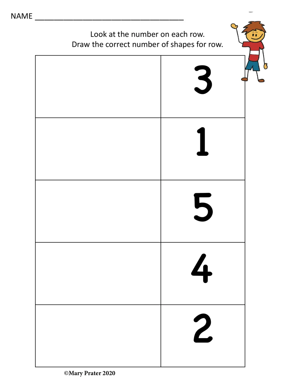 Representing quantities: students read the number in each row (3, 1, 5, 4, 2) and draw that many shapes beside it