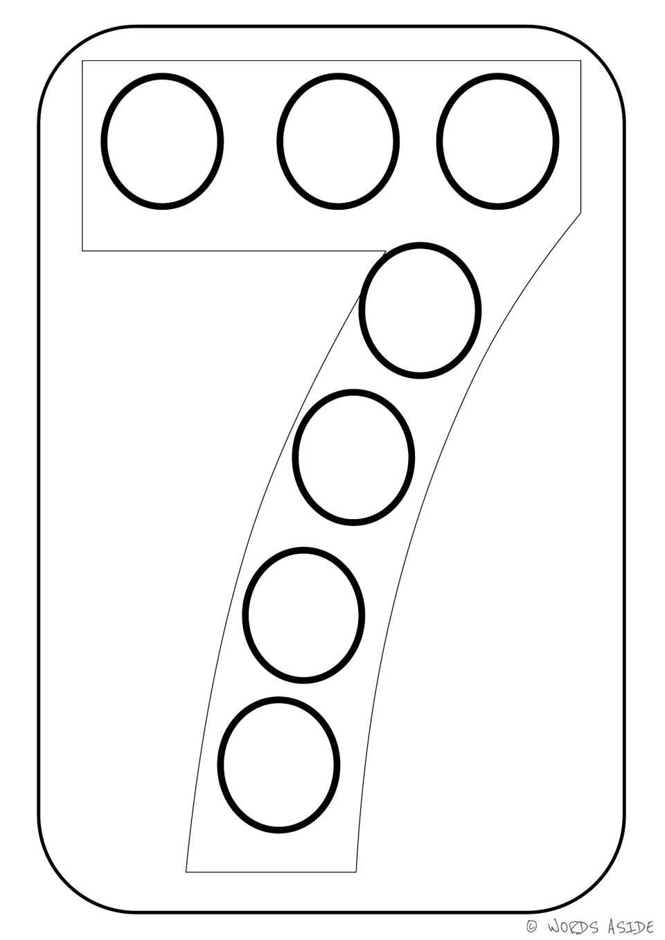 Number 7 poster card from the 1–9 set, with seven outlined counting dots inside the numeral to show quantity.