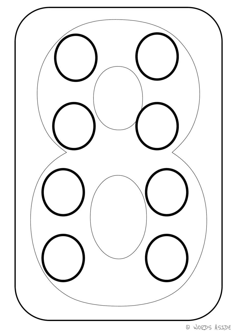 Number 8 poster card from the 1–9 set, with eight outlined counting dots inside the numeral to show quantity.