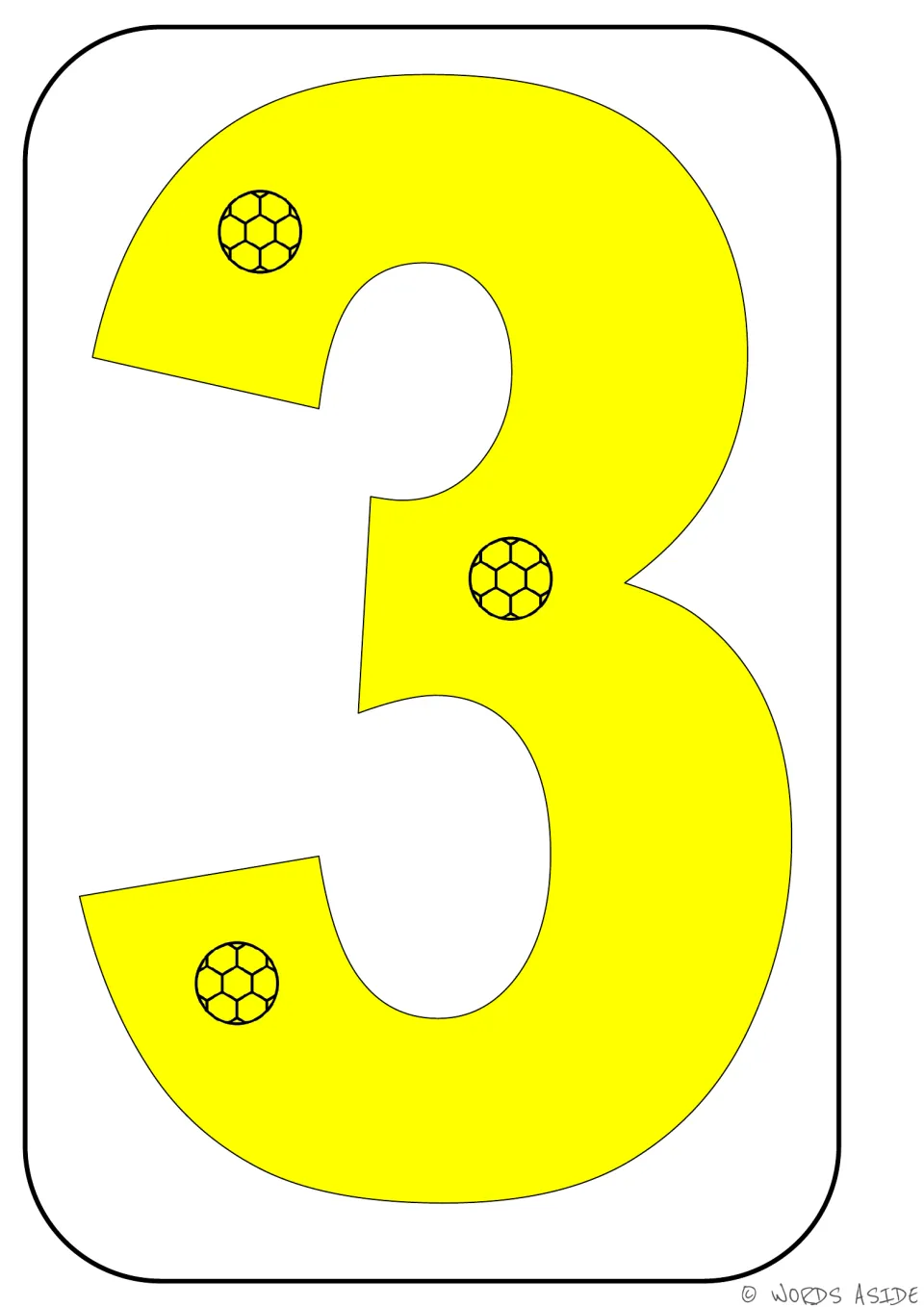 Number 3 poster card in the ball set, showing a yellow numeral 3 with three soccer balls for counting.