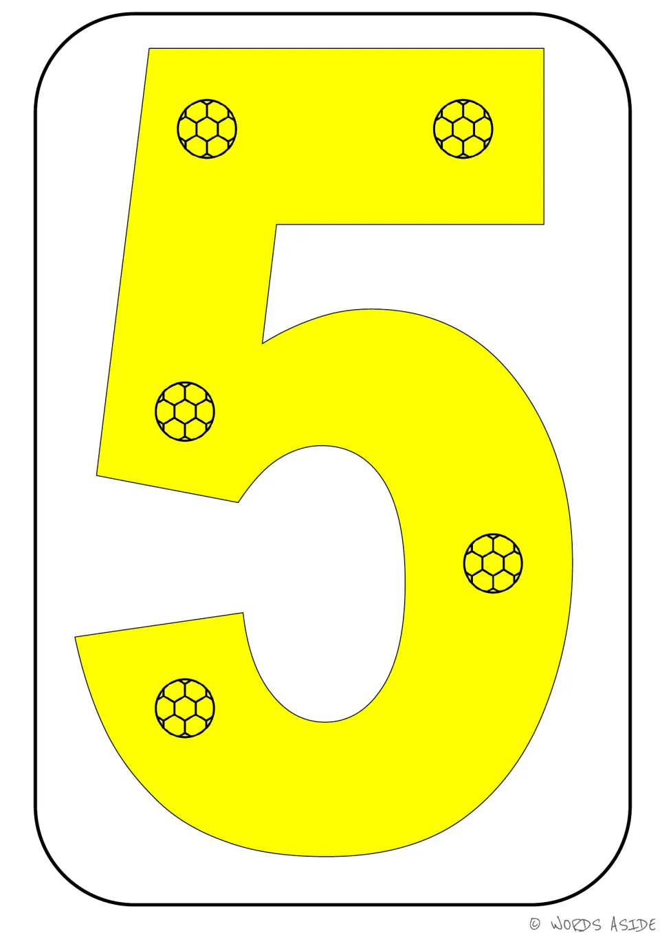 Number 5 poster card in the ball set, showing a yellow numeral 5 with five soccer balls for counting.