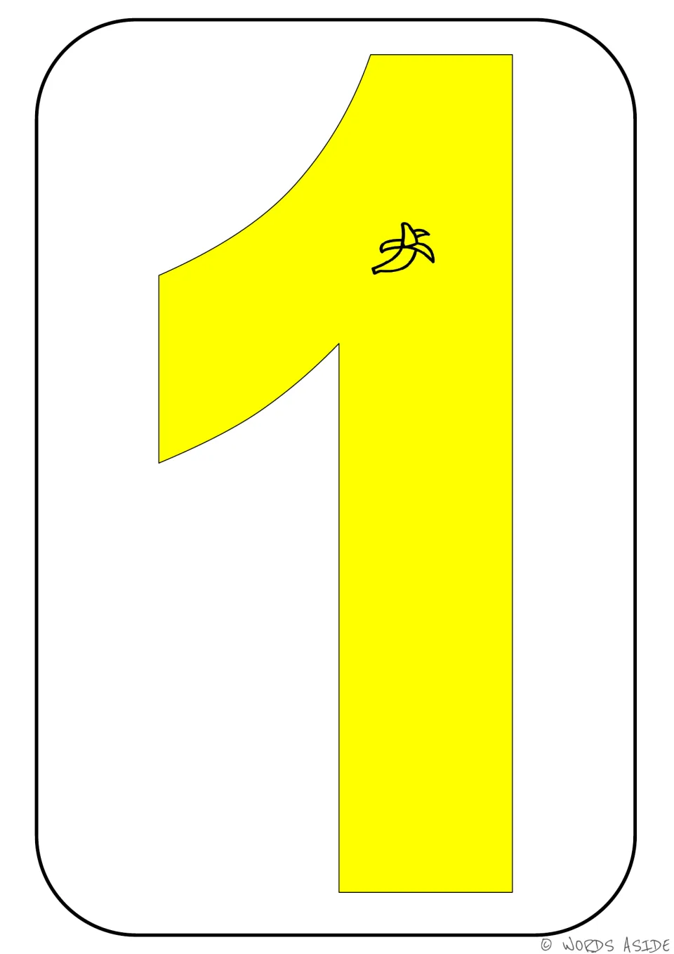 Number 1 poster card in the banana set, showing a yellow numeral 1 with one peeled banana for counting.