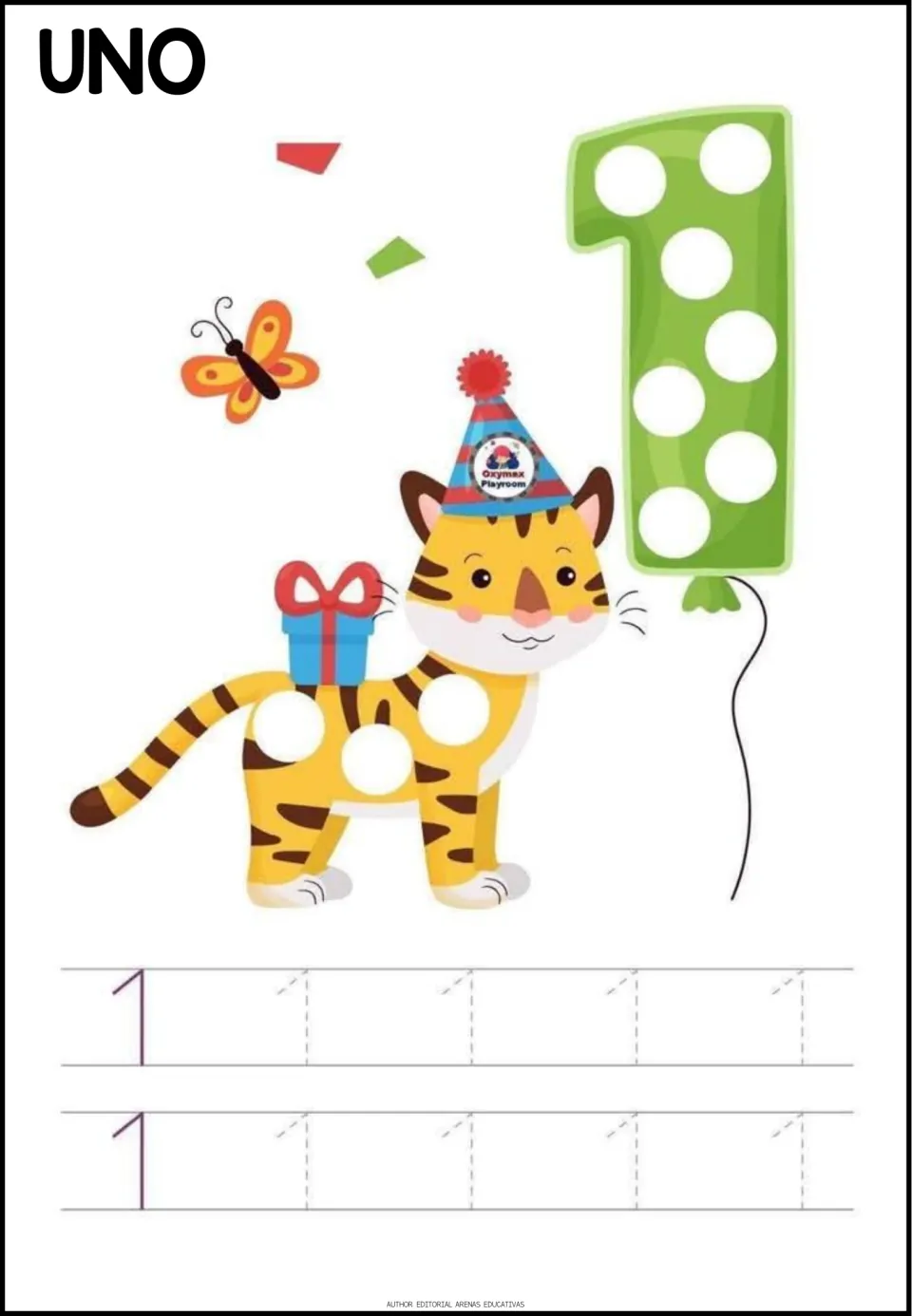 Number tracing practice for 1, labeled UNO (one), with two numeral models and eight dotted numerals to trace.