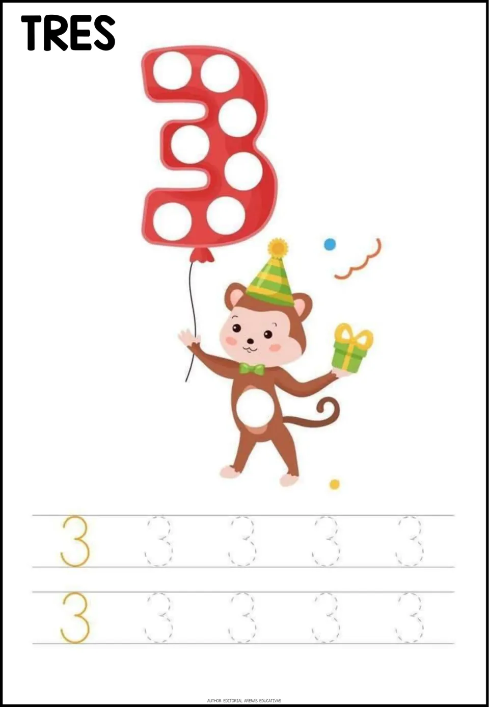 Number tracing practice for 3, labeled TRES (three), with two numeral models and eight dotted numerals to trace.