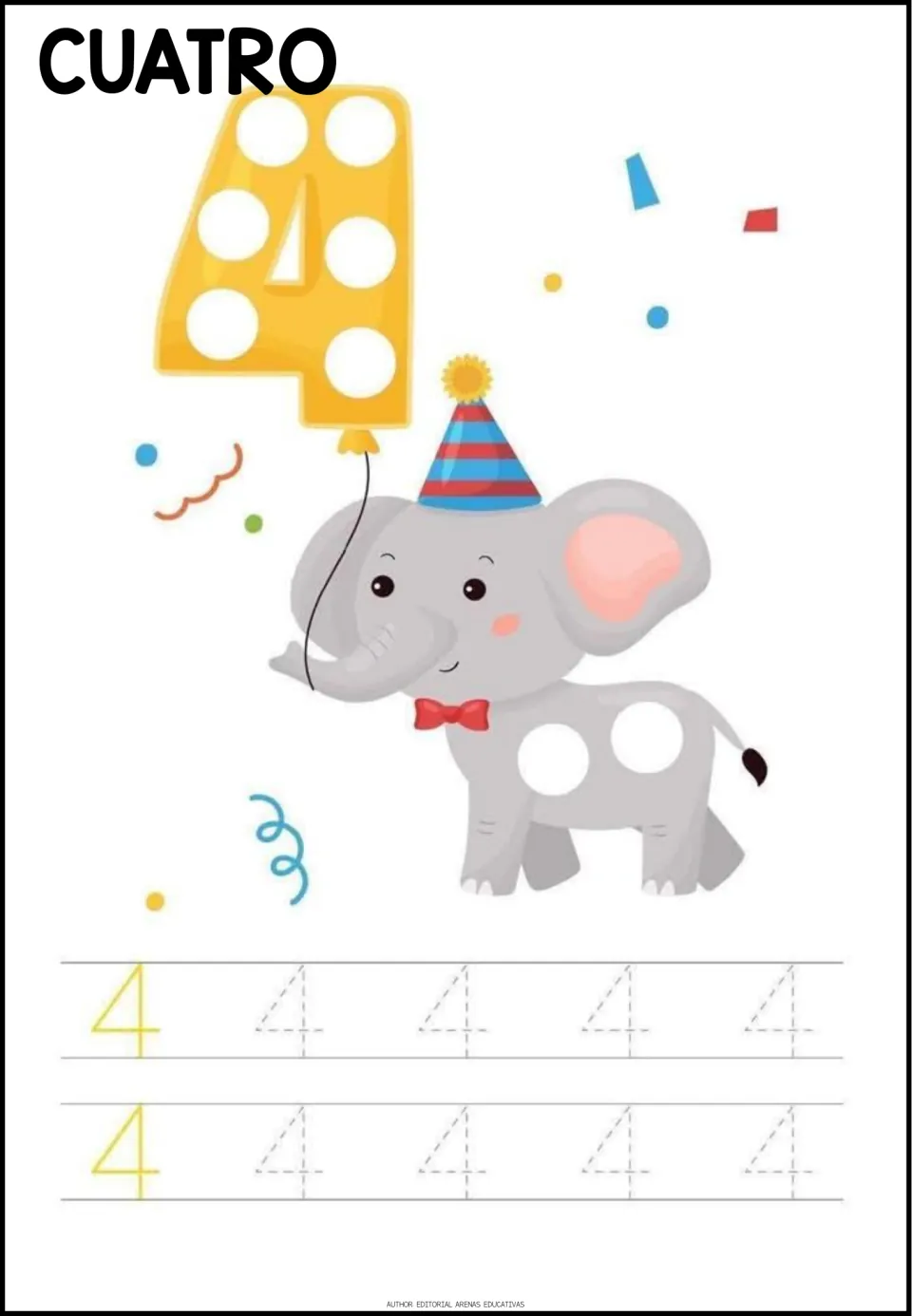 Number tracing practice for 4, labeled CUATRO (four), with two numeral models and eight dotted numerals to trace.
