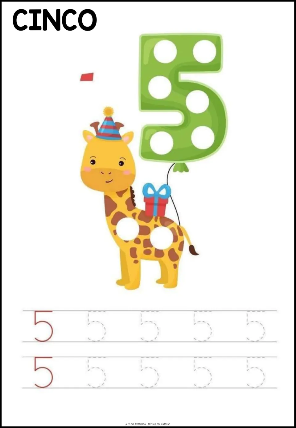 Number tracing practice for 5, labeled CINCO (five), with two numeral models and eight dotted numerals to trace.