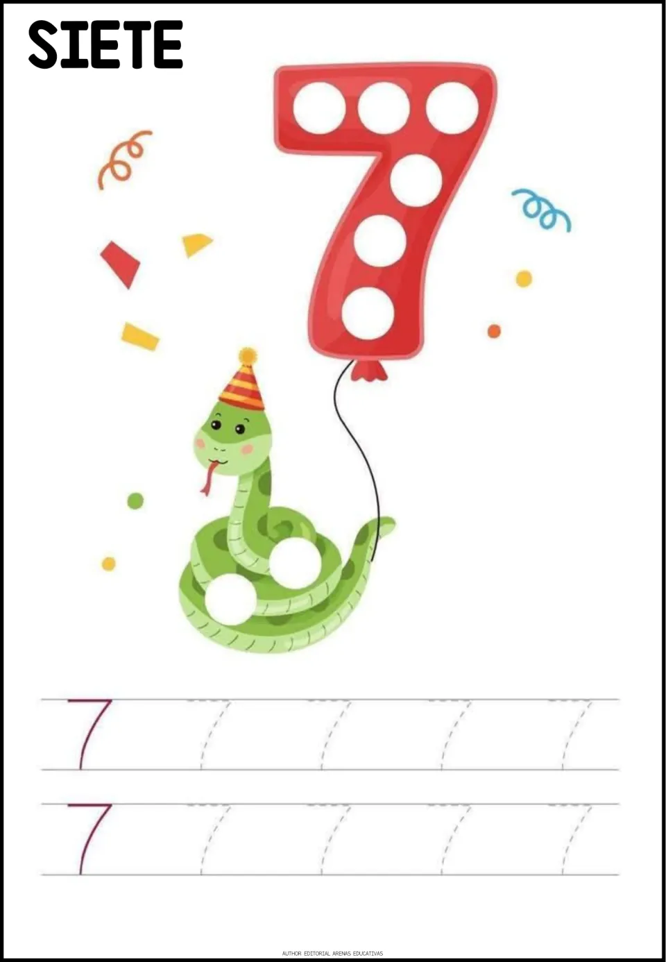Number tracing practice for 7, labeled SIETE (seven), with two numeral models and eight dotted numerals to trace.