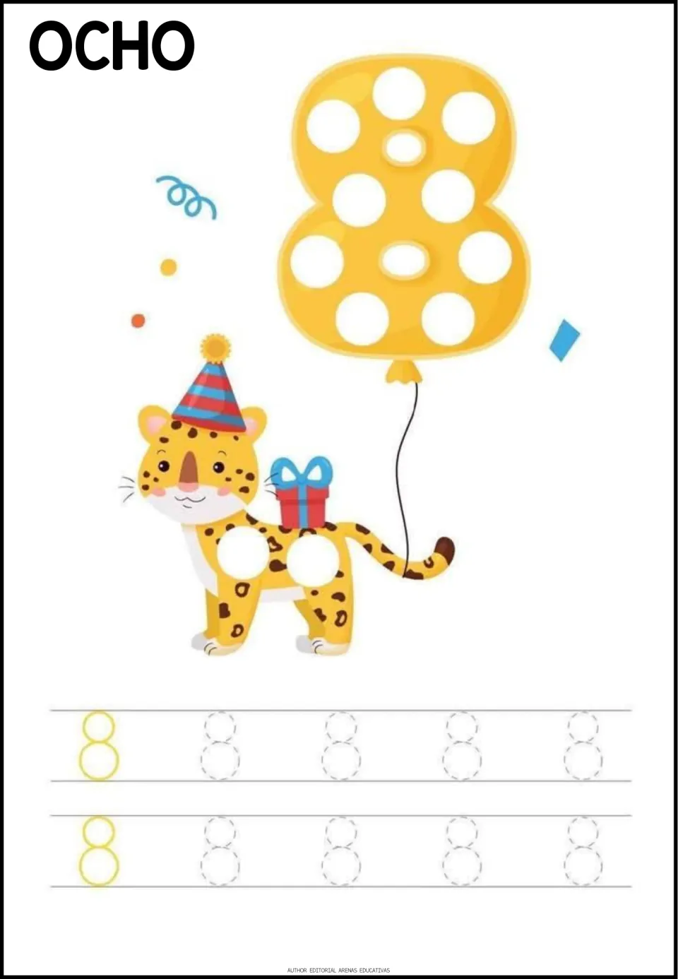 Number tracing practice for 8, labeled OCHO (eight), with two numeral models and eight dotted numerals to trace.