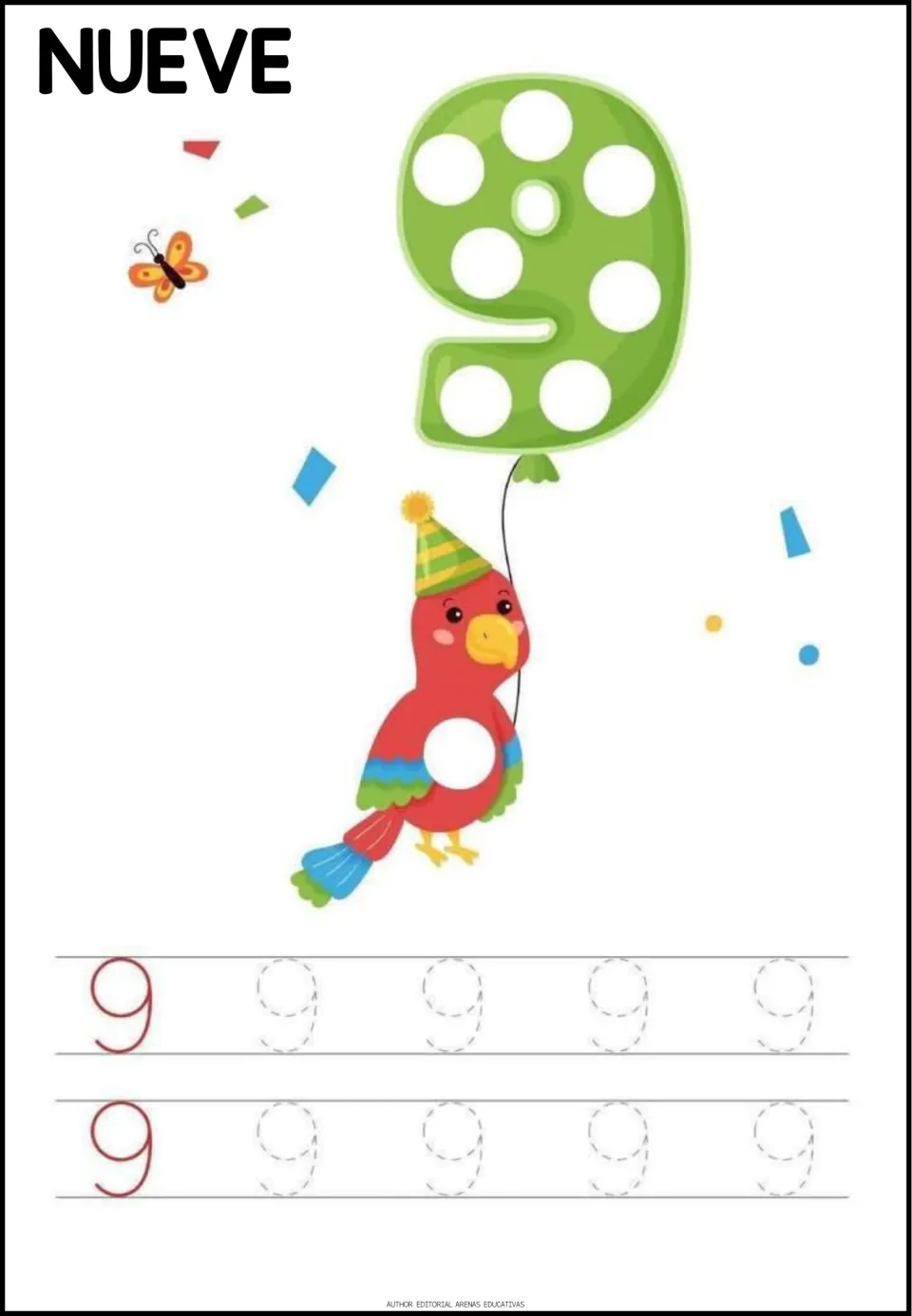 Number tracing practice for 9, labeled NUEVE (nine), with two numeral models and eight dotted numerals to trace.