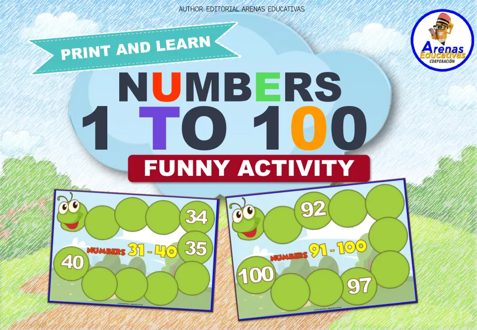 Cover: Print and Learn Funny Activity for numbers 1 to 100, showing caterpillar boards for 31-40 and 91-100