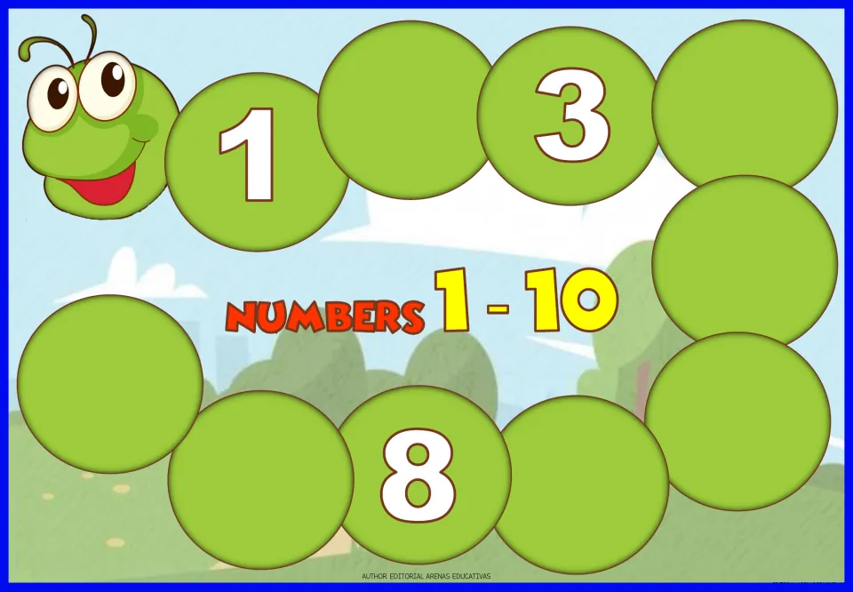 Numbers 1-10 caterpillar: students write the missing numbers in the blank body circles, with 1, 3 and 8 given