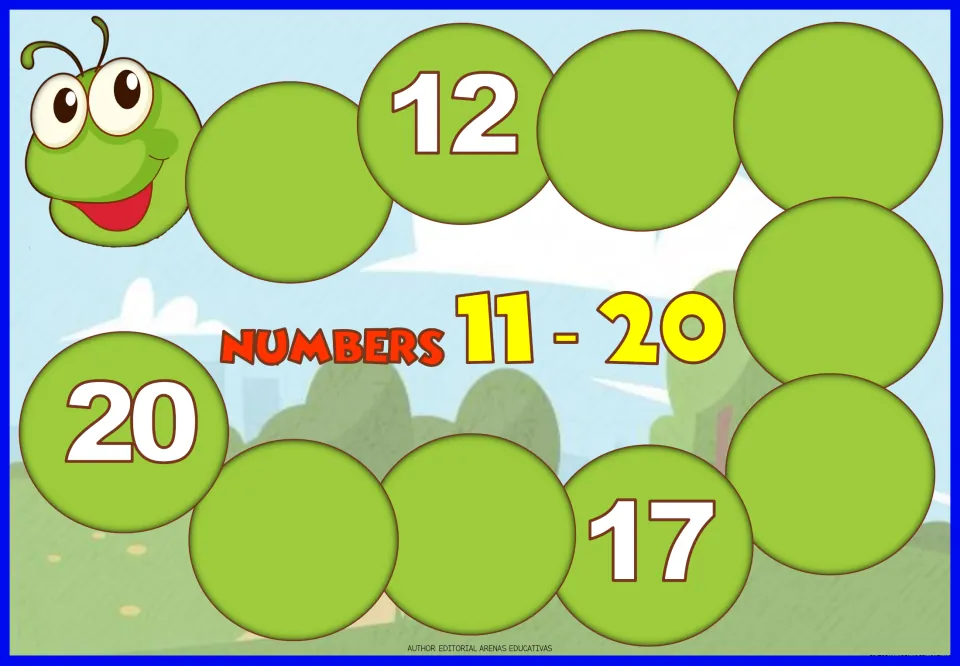 Numbers 11-20 caterpillar: students fill in the missing numbers in counting order; only 12, 17 and 20 are shown