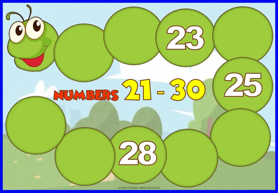 Numbers 21-30 caterpillar: students complete the sequence by writing numbers in the empty circles; 23, 25, 28 given