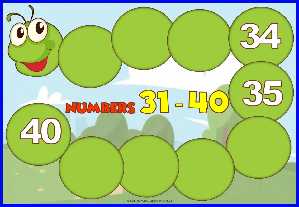 Numbers 31-40 caterpillar: students count on and write the missing numbers, starting from clues 34, 35 and 40