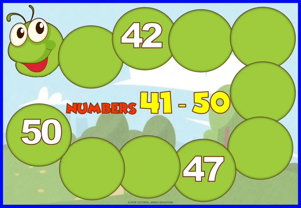 Numbers 41-50 caterpillar: students write each missing number along the body, using 42, 47 and 50 as anchors