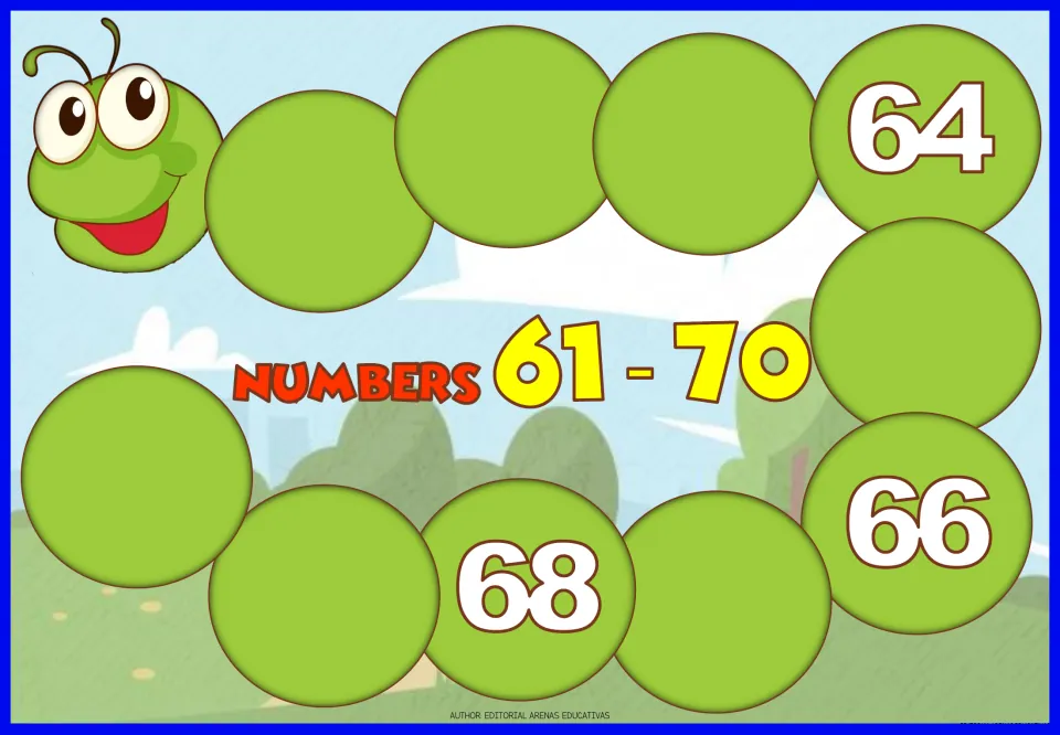 Numbers 61-70 caterpillar: students complete the missing numbers along the body; 64, 66 and 68 are already filled