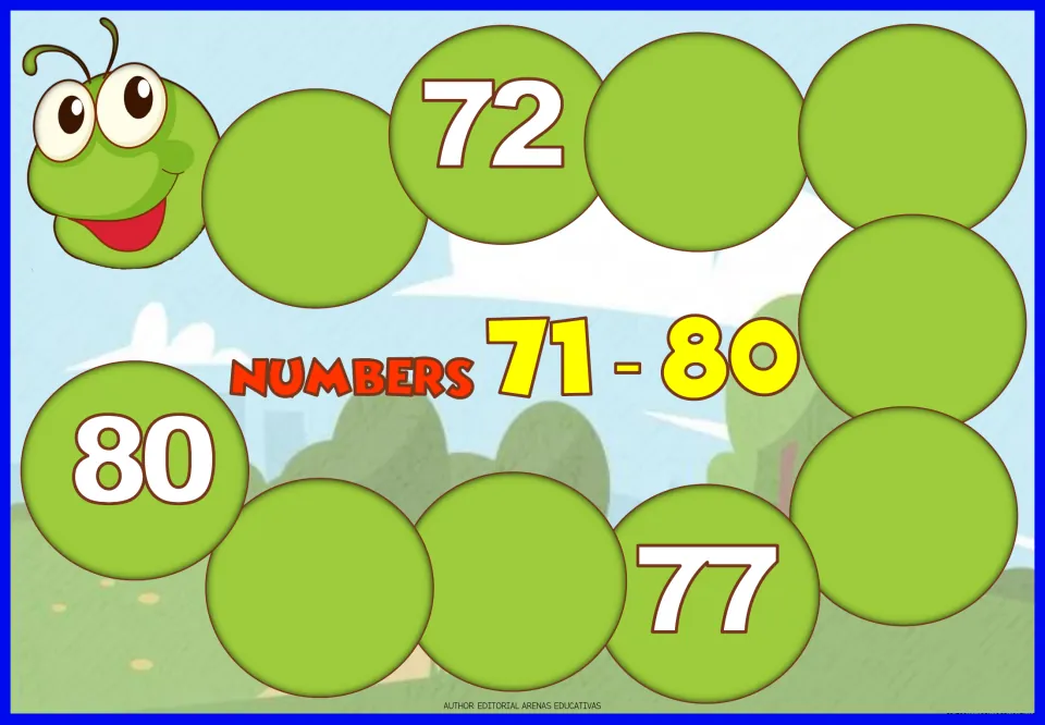 Numbers 71-80 caterpillar: students write the missing numbers in sequence, checking against given 72, 77 and 80