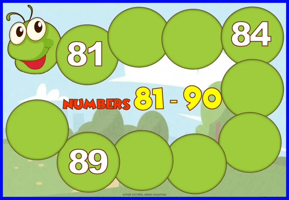 Numbers 81-90 caterpillar: students fill in the numbers missing from the body, with 81, 84 and 89 provided