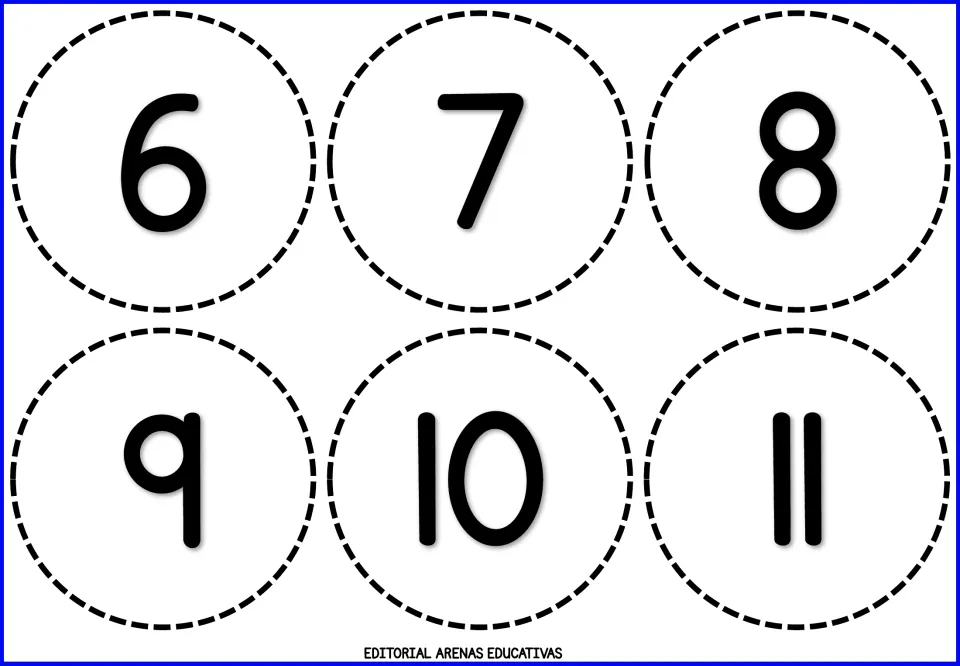 Number cards 6 to 11: six round numeral cards to cut out, bridging single digits into two-digit numbers 10 and 11