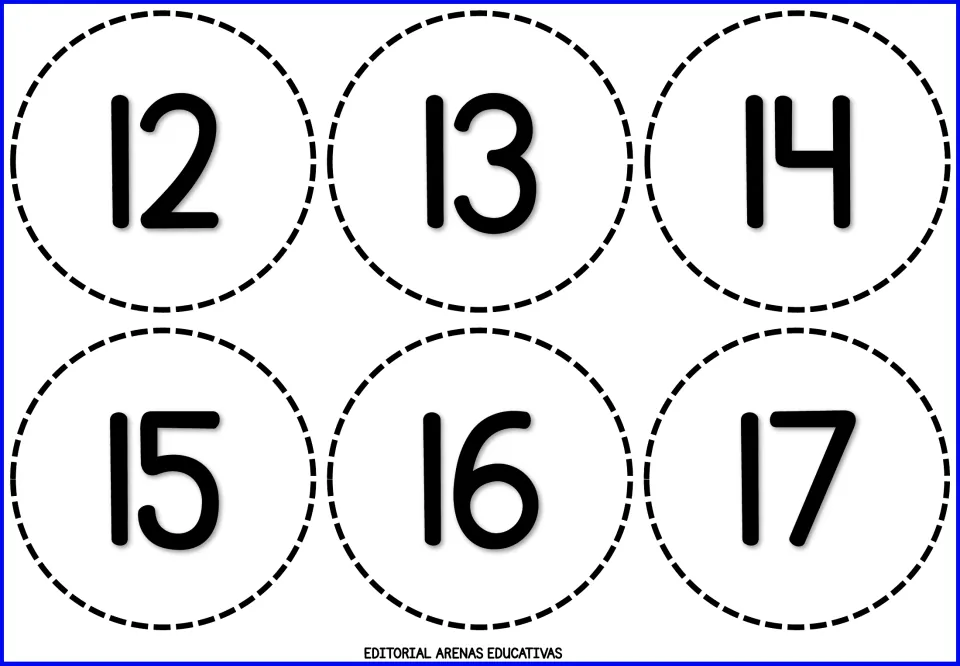 Teen number cards 12 to 17: six round cards with bold numerals for students to cut out and practise reading teen numbers
