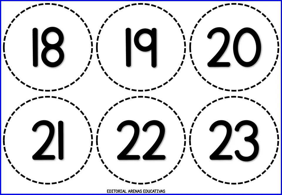 Number cards 18 to 23: round cards to cut out, crossing from the late teens into the twenties for numeral recognition