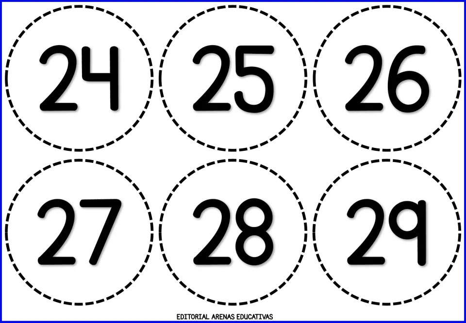 Number cards 24 to 29: six cut-out round cards showing the rest of the twenties, for naming and ordering two-digit numerals