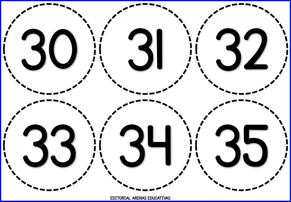 Number cards 30 to 35: bold numerals on round cards to cut out, for students to read and sequence numbers in the thirties