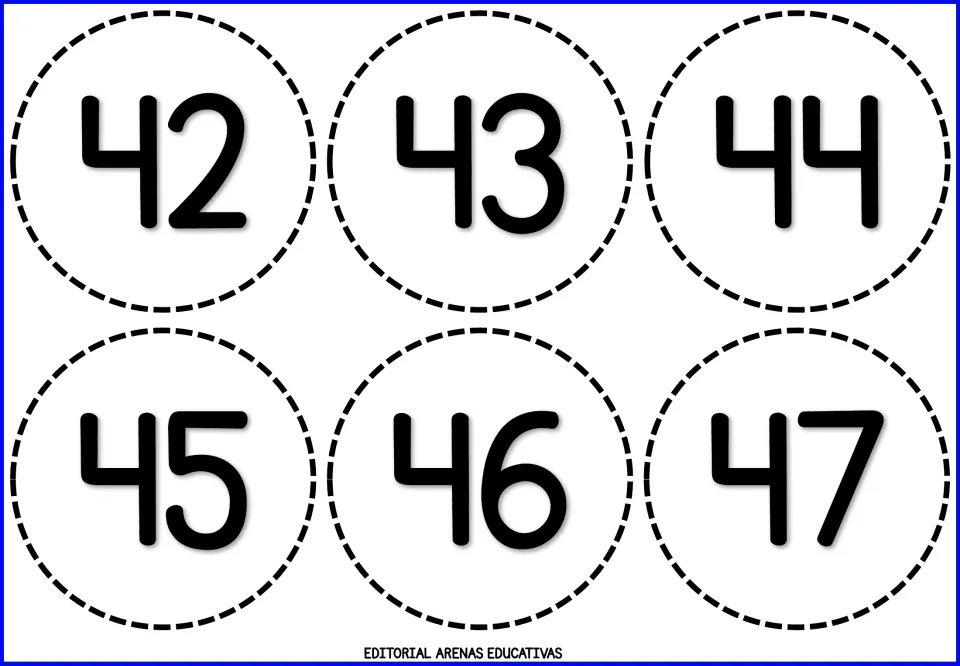 Number cards 42 to 47: six round numeral cards in the forties for students to cut out and identify by name