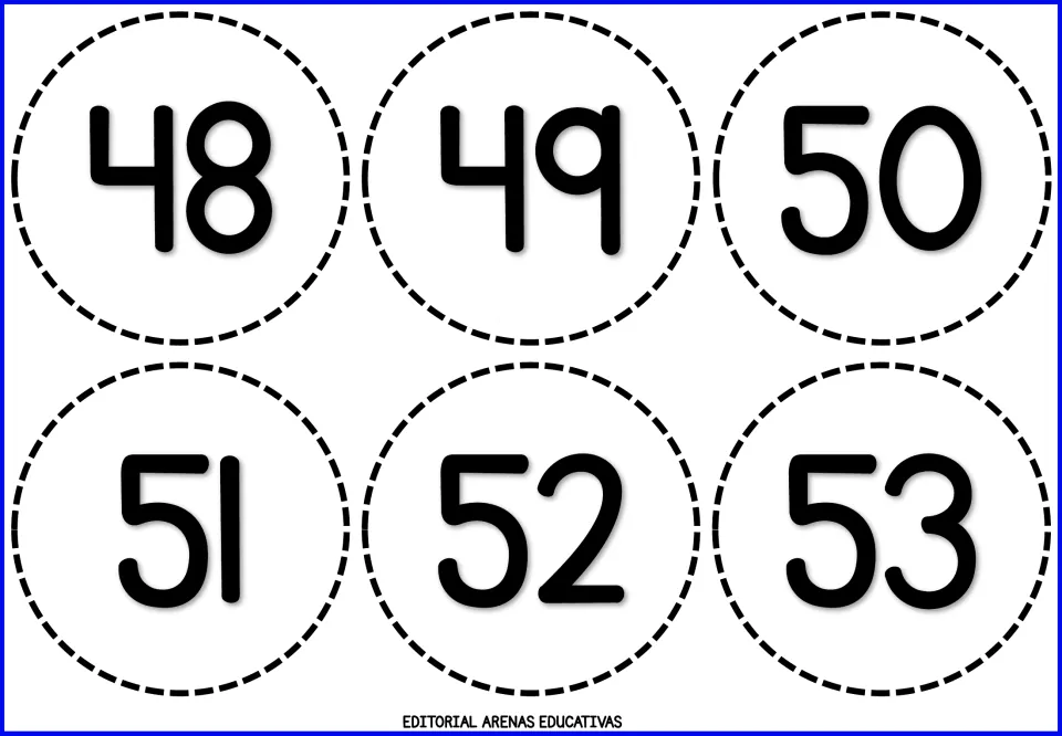 Number cards 48 to 53: round cards to cut out that cross from the forties to 50 and beyond, for numeral identification