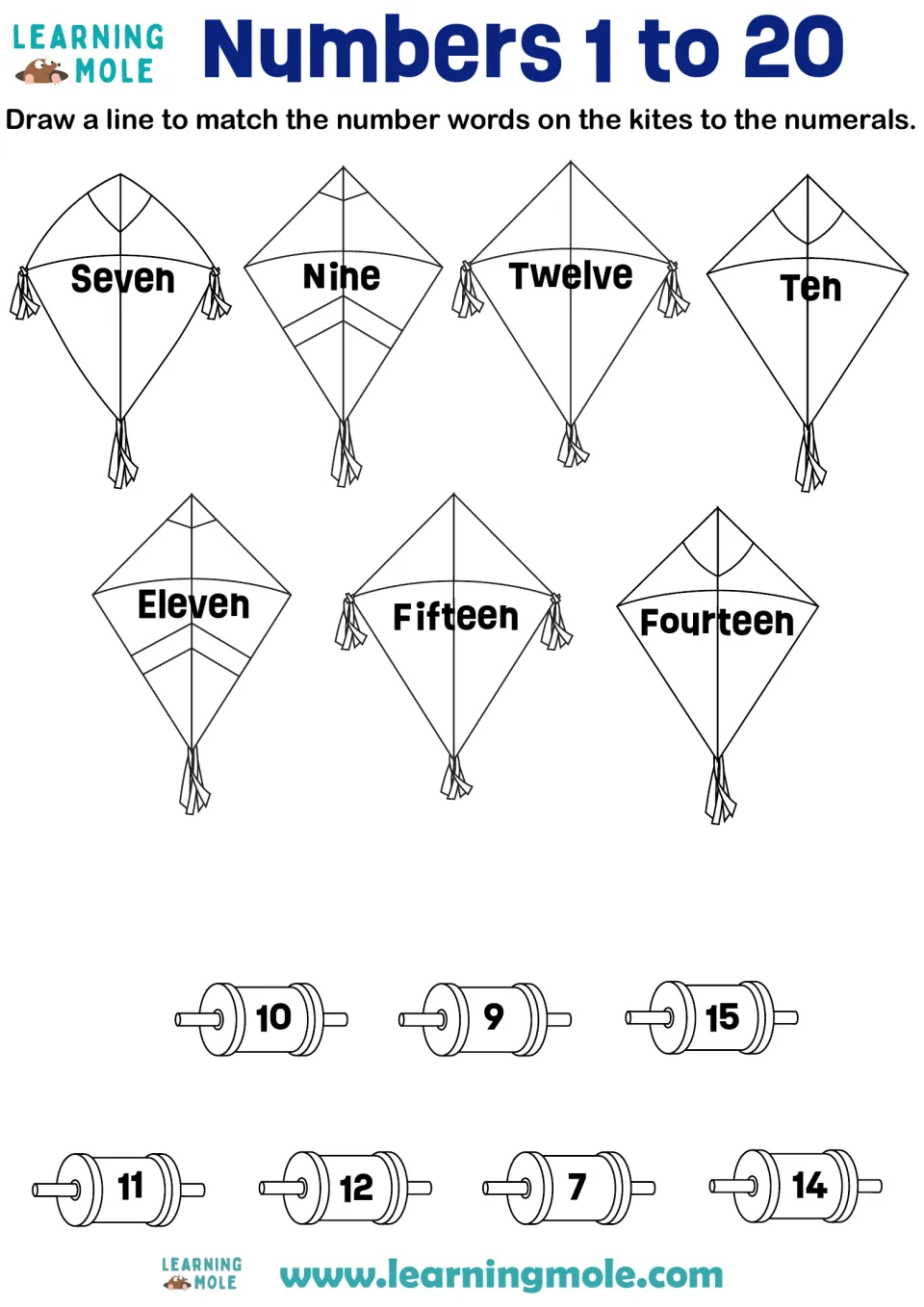 Number words to numerals: students draw lines matching 7 kite words, such as Seven and Fourteen, to numerals on spools