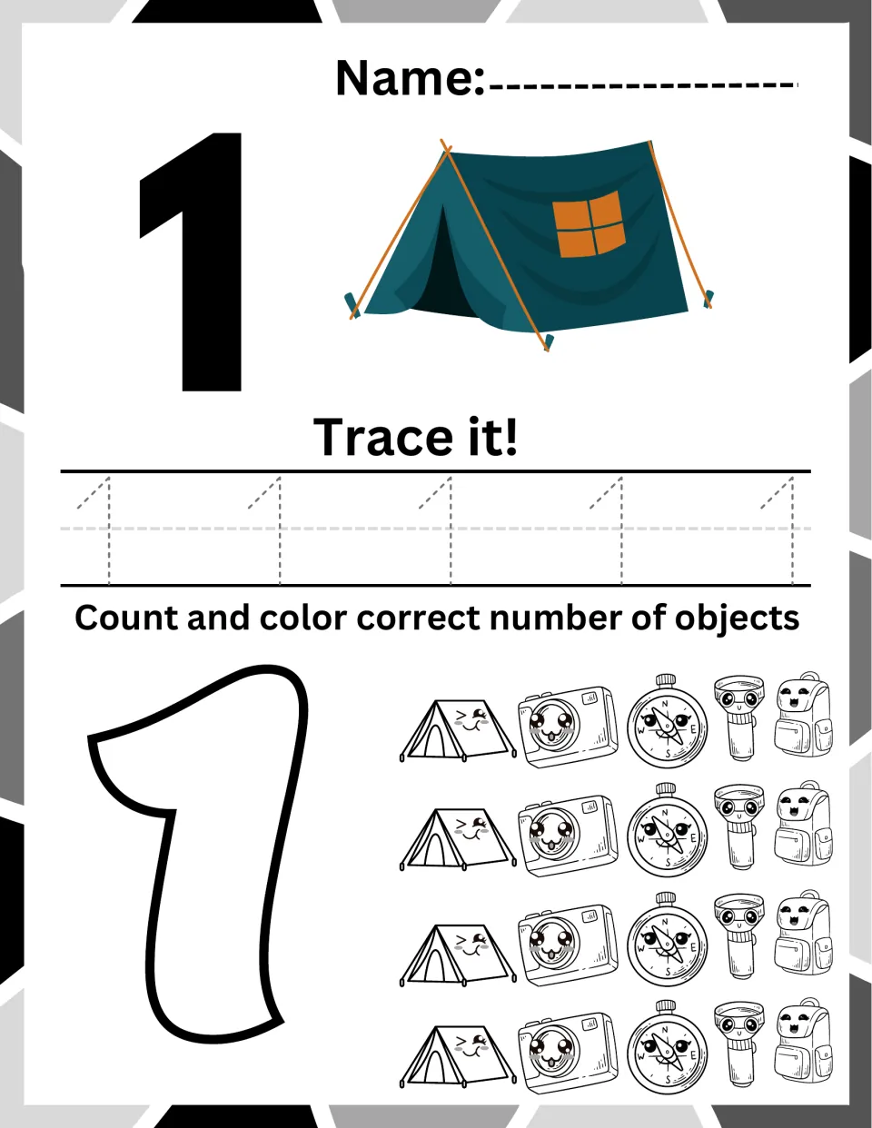 Number 1 practice: students count one tent, trace 1 five times, then color one of the camping objects shown in a set of 20