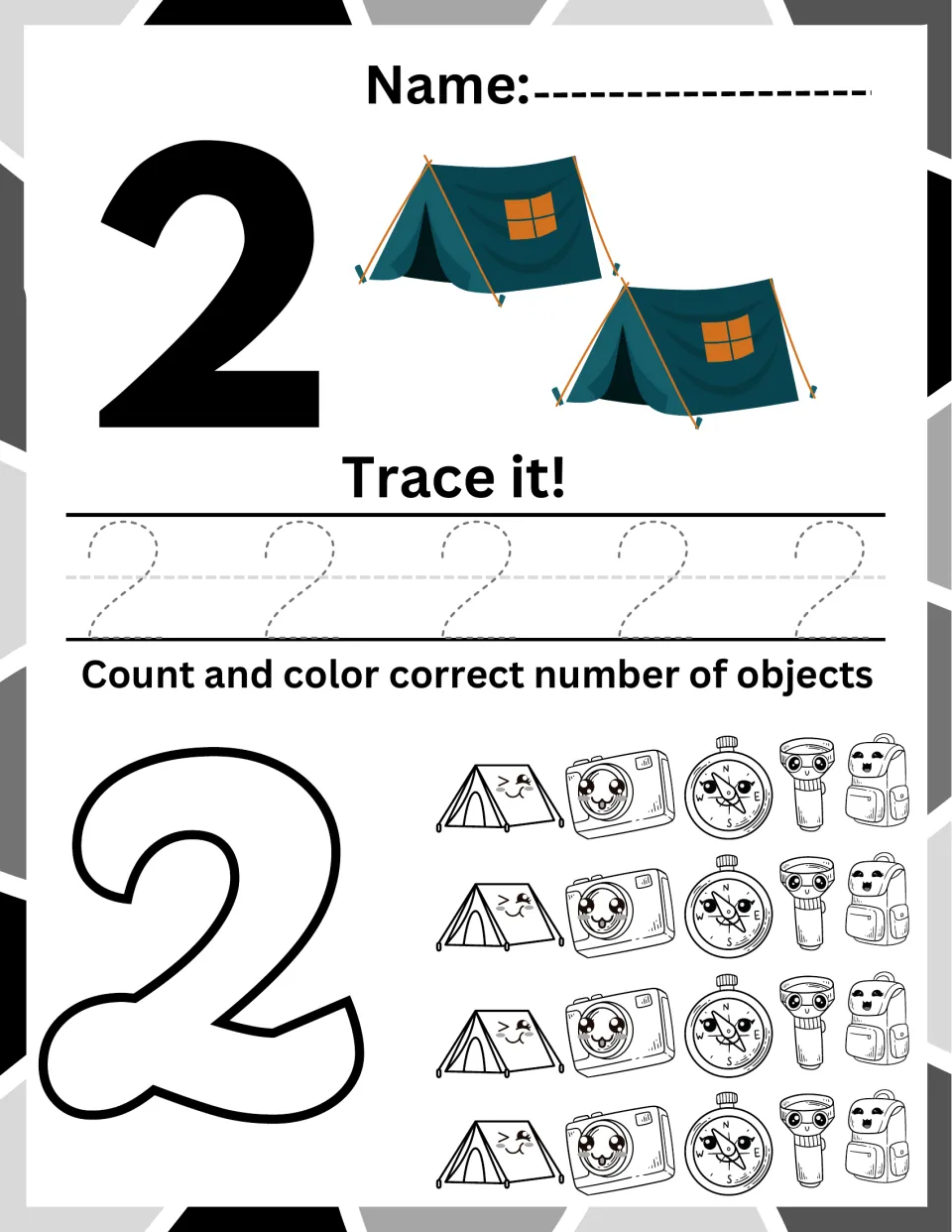 Number 2 practice: students count two tents, trace 2 five times and color two camping objects such as cameras or compasses
