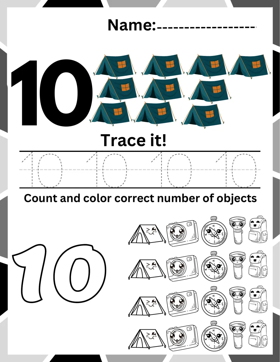 Number 10 practice: students count ten tents, trace 10 four times, then color ten of the 20 camping pictures in the rows