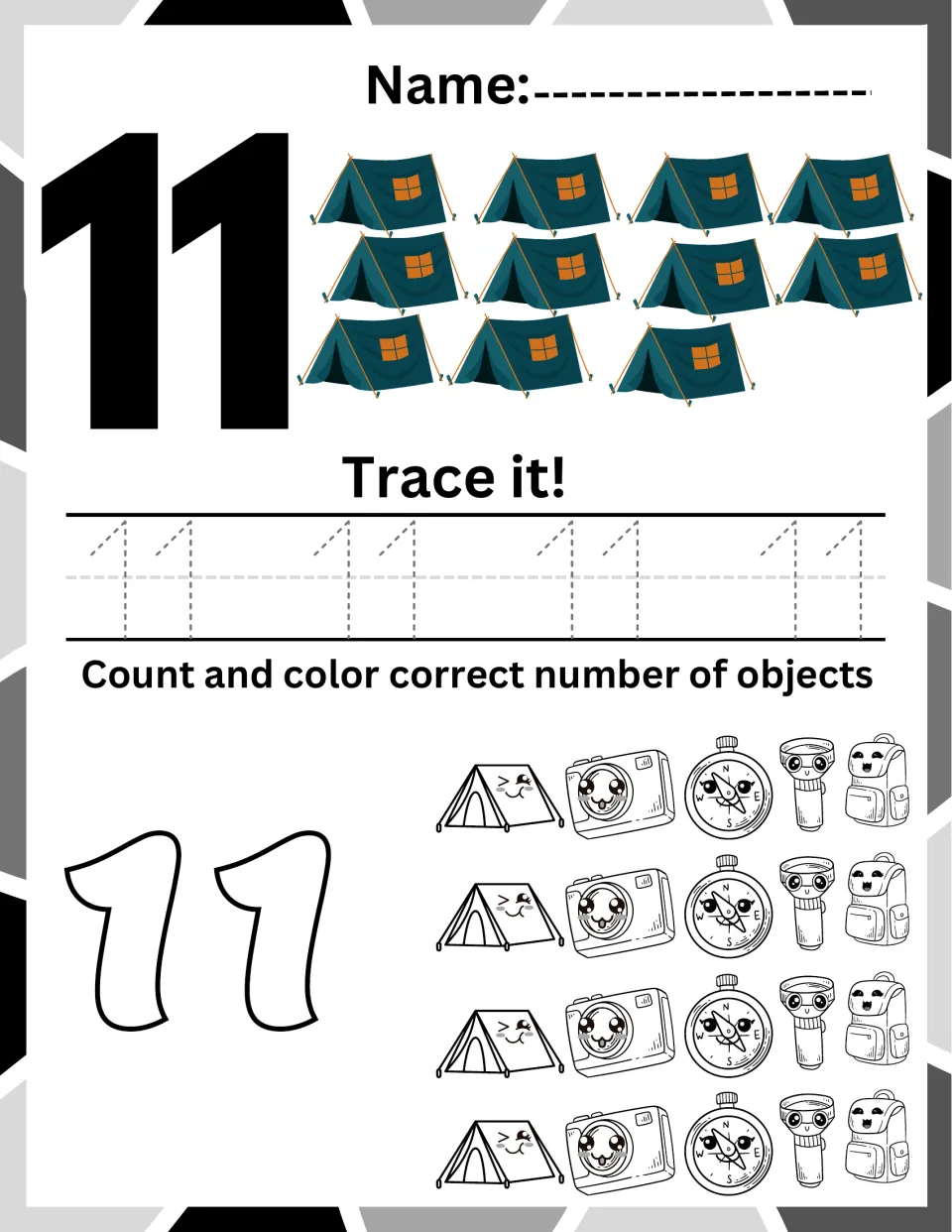 Number 11 practice: students count eleven tents, trace 11 and color eleven tents, cameras, compasses or backpacks
