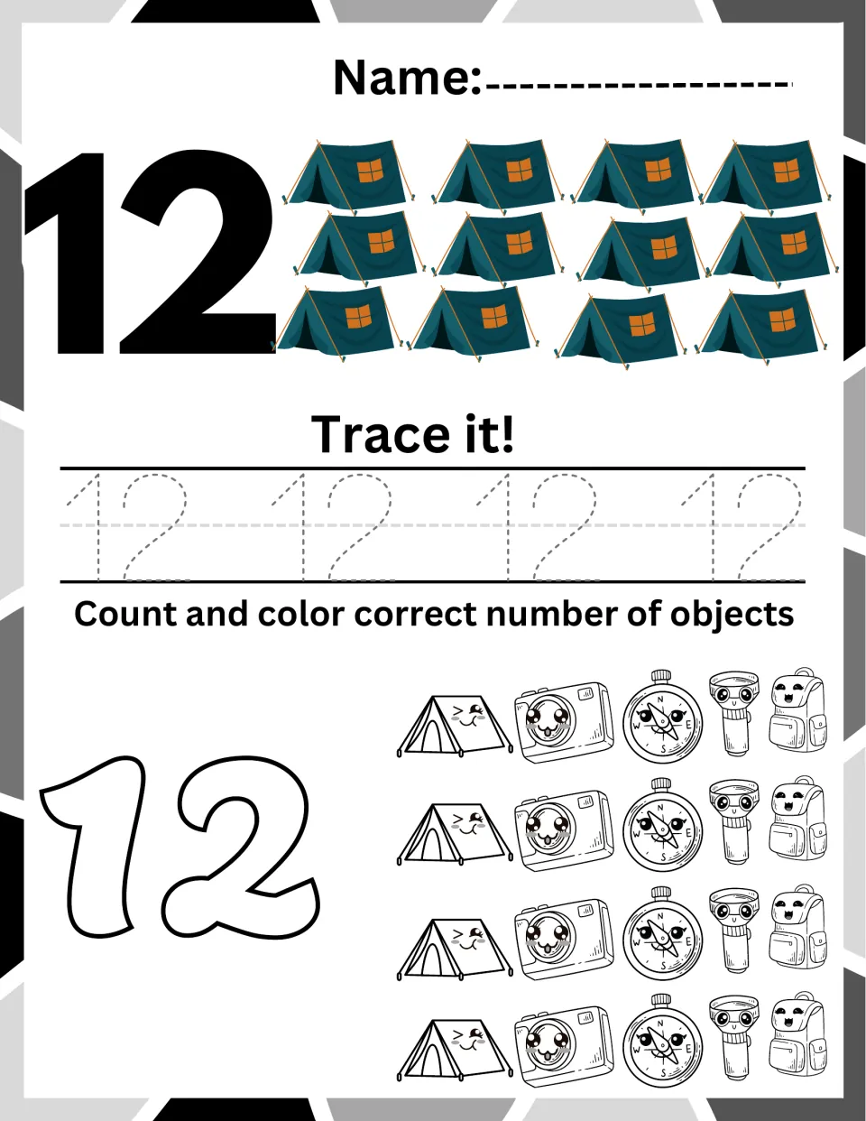 Number 12 practice: students count twelve tents in three rows of four, trace 12 four times and color twelve objects