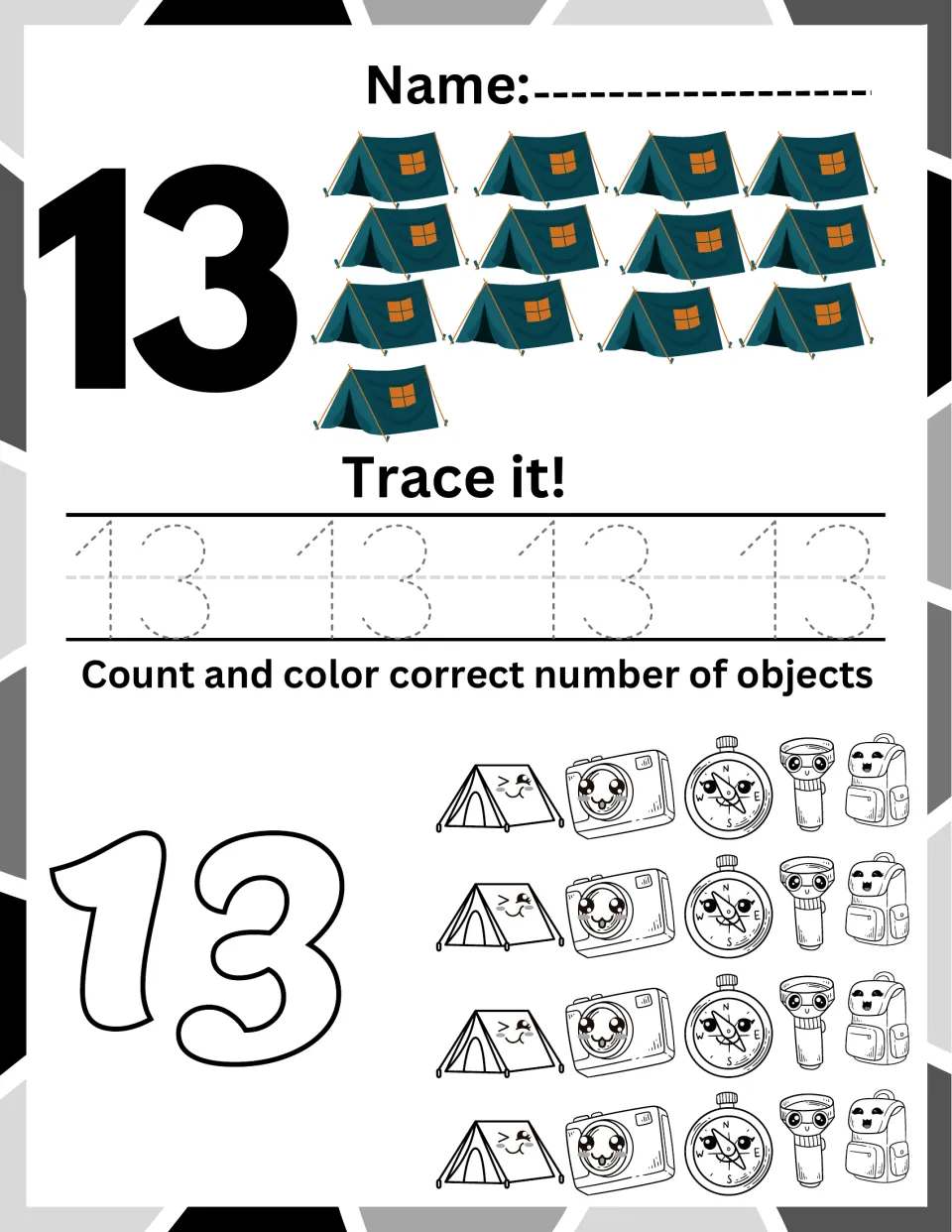 Number 13 practice: students count thirteen tents, trace 13 and color thirteen cameras, compasses or other items
