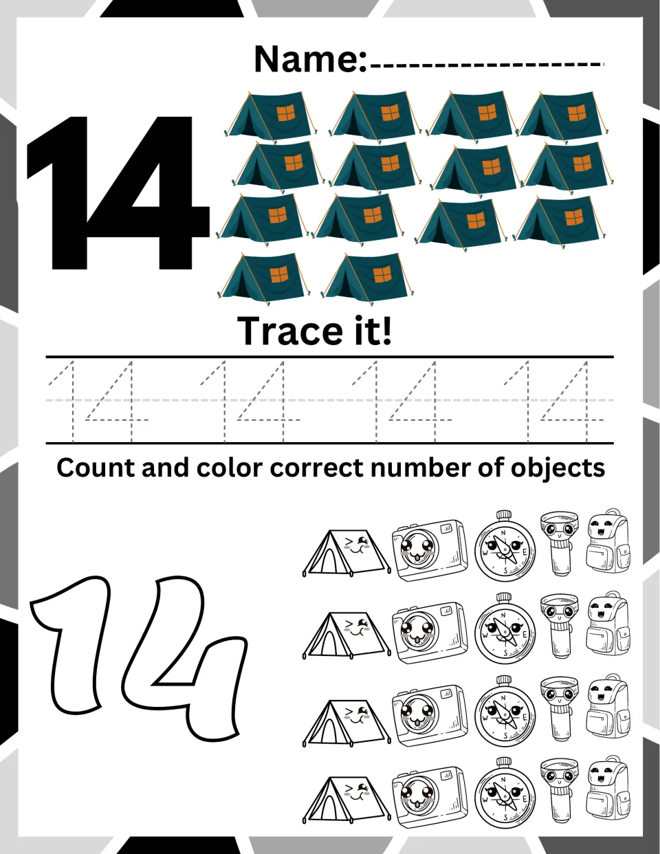 Number 14 practice: students count fourteen tents, trace 14 four times, then color fourteen camping-themed objects