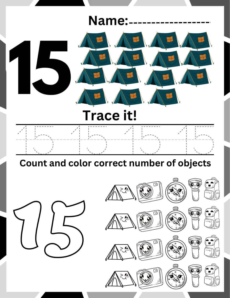 Number 15 practice: students count fifteen tents, trace 15 and color fifteen of the cameras, flashlights and backpacks
