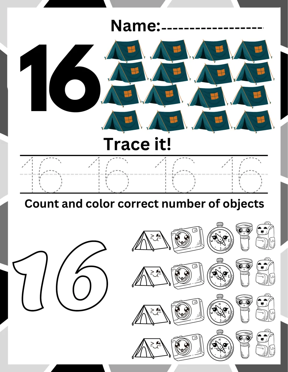 Number 16 practice: students count a 4-by-4 array of tents, trace the dotted numeral, then color that many camping pictures
