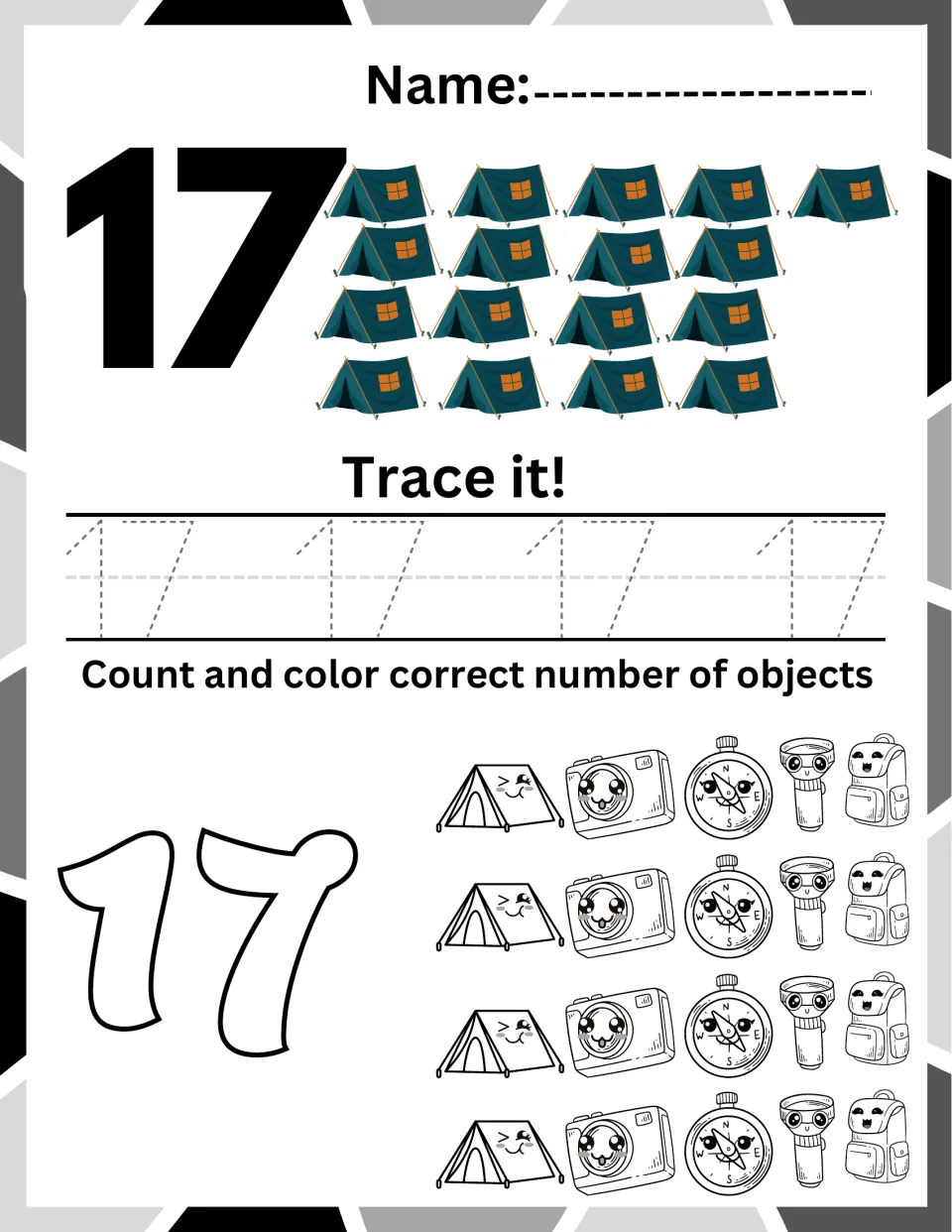 Number 17 practice: students count seventeen tents, trace 17, then color seventeen pictures from the camping rows