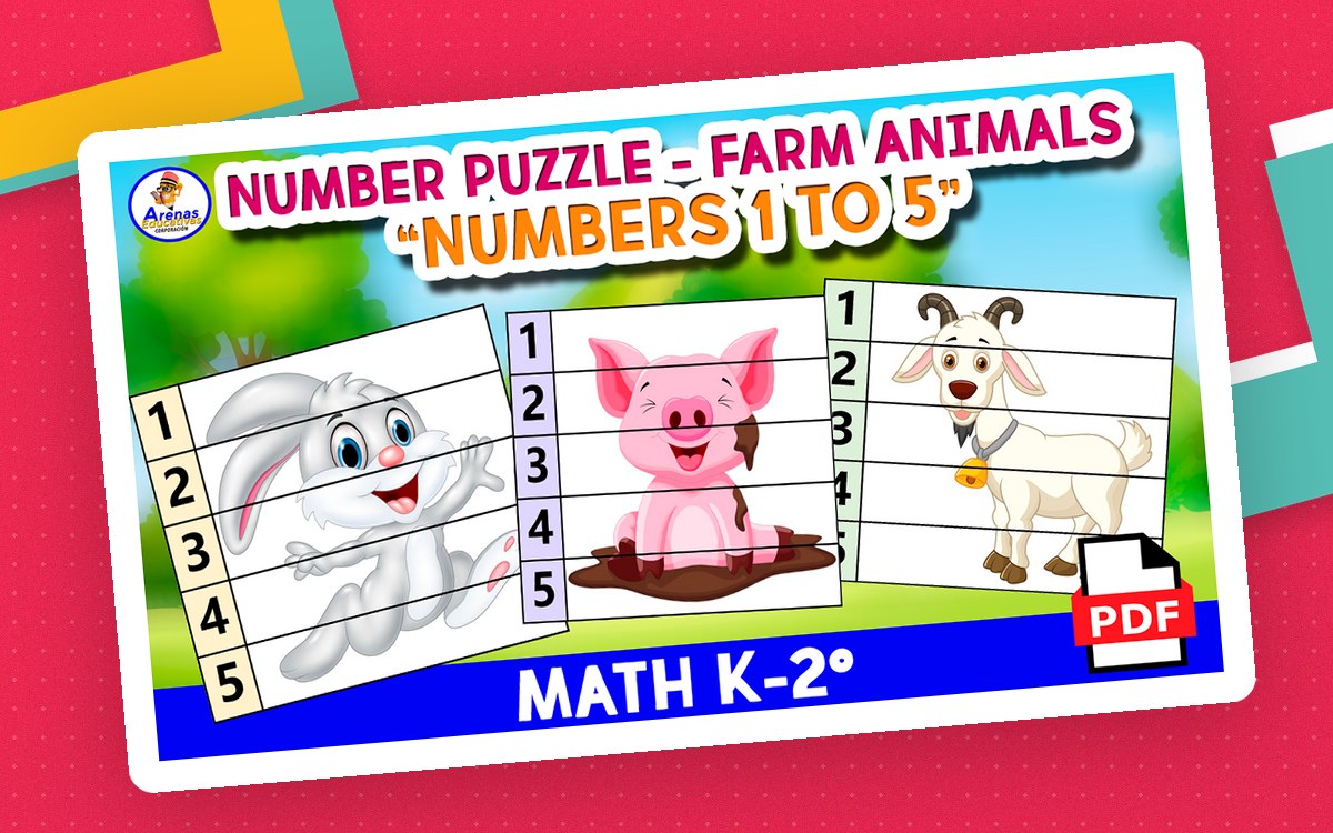 NUMBERS 1 TO 5 - MATH PUZZLE preview: Ten farm-themed number puzzle pages (numerals 1-5)