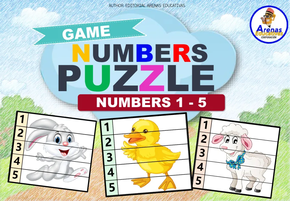 Numbers puzzle game cover for numbers 1 to 5 showing bunny, duckling and lamb pictures cut into five numbered strips
