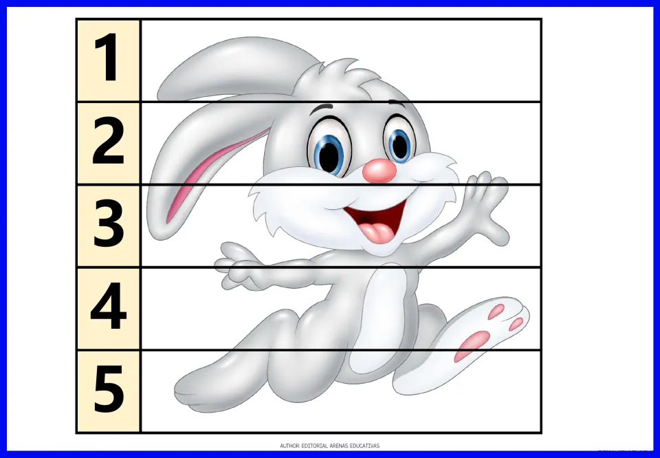 Bunny puzzle: students cut the running rabbit picture into five strips and rebuild it by ordering numbers 1 to 5