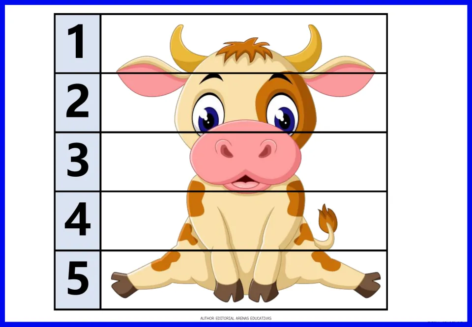 Cow puzzle: a sitting calf picture splits into five strips labeled 1 to 5 that children put back in counting order